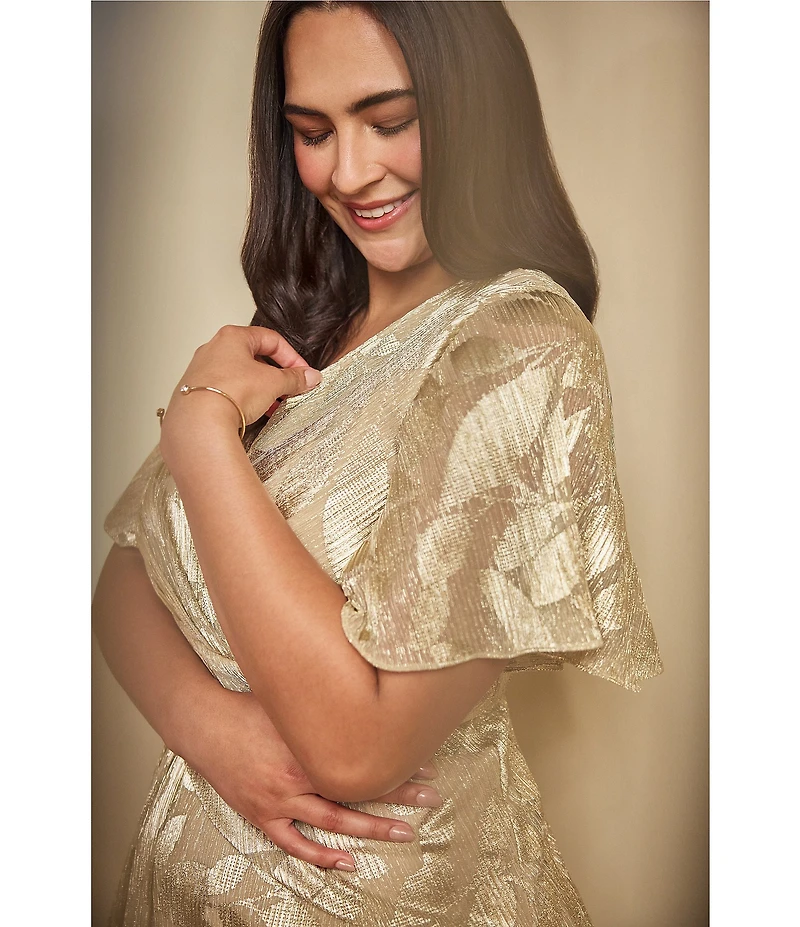 Adrianna Papell Plus Size V-Neck Flutter Sleeve Foil Leaf Printed Gown