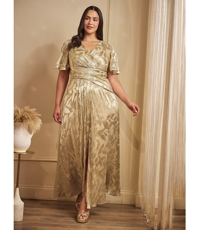 Adrianna Papell Plus Size V-Neck Flutter Sleeve Foil Leaf Printed Gown