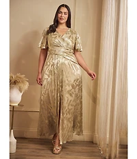 Adrianna Papell Plus Size V-Neck Flutter Sleeve Foil Leaf Printed Gown
