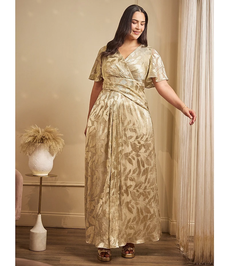 Adrianna Papell Plus Size V-Neck Flutter Sleeve Foil Leaf Printed Gown