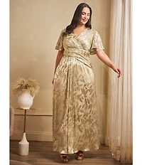 Adrianna Papell Plus Size V-Neck Flutter Sleeve Foil Leaf Printed Gown