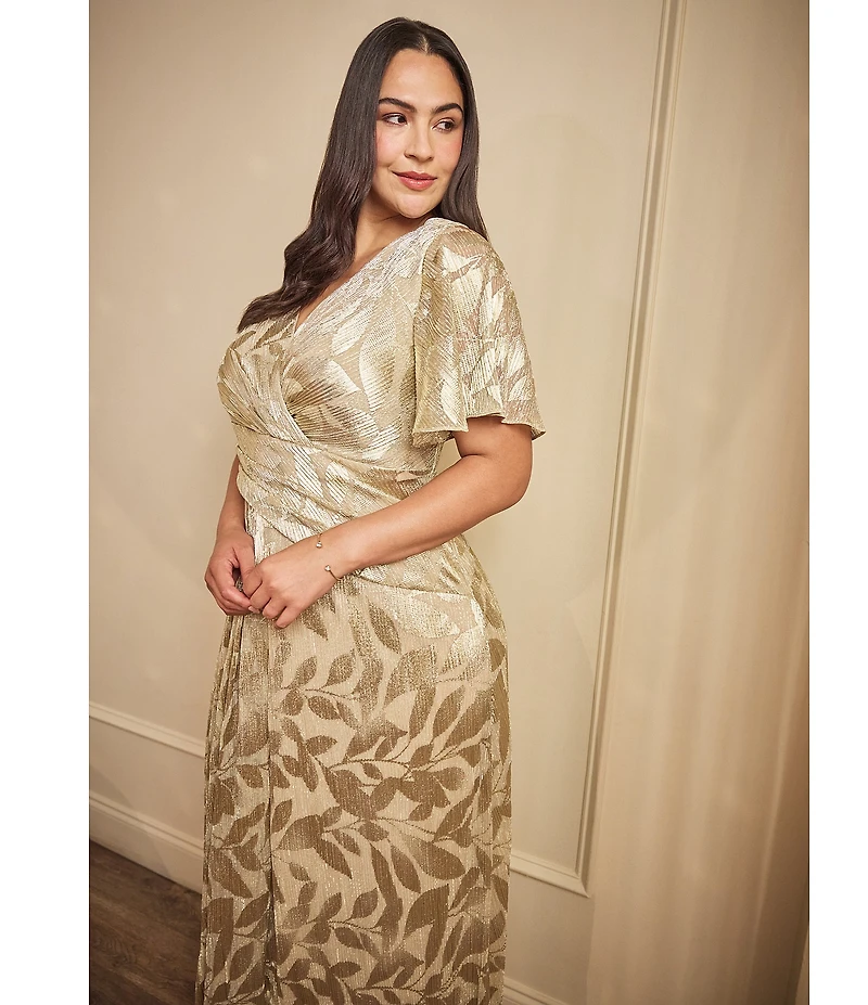 Adrianna Papell Plus Size V-Neck Flutter Sleeve Foil Leaf Printed Gown