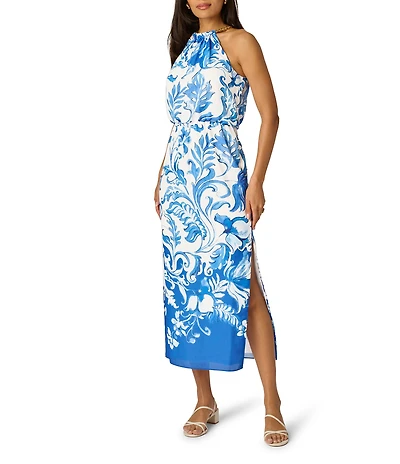 Adrianna Papell Printed Georgette Halter Blouson Midi Dress