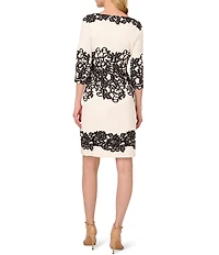 Adrianna Papell Printed Stretch Boat Neck 3/4 Sleeve Crepe Lace Sheath Dress