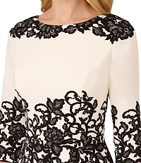 Adrianna Papell Printed Stretch Boat Neck 3/4 Sleeve Crepe Lace Sheath Dress