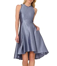 Adrianna Papell Ruffle Crew Neck Sleeveless Jacquard Hi Lo Party Dress