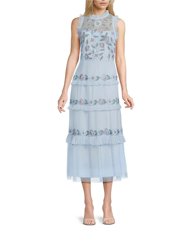 Adrianna Papell Ruffle Floral Beaded Mesh Crew Neck Sleeveless Midi Dress