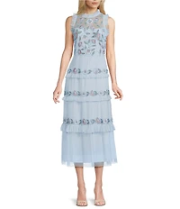 Adrianna Papell Ruffle Floral Beaded Mesh Crew Neck Sleeveless Midi Dress