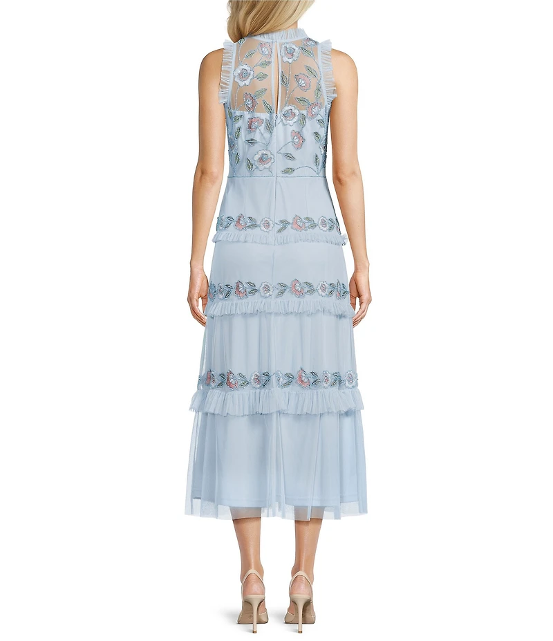 Adrianna Papell Ruffle Floral Beaded Mesh Crew Neck Sleeveless Midi Dress