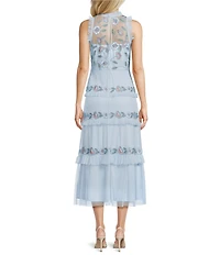 Adrianna Papell Ruffle Floral Beaded Mesh Crew Neck Sleeveless Midi Dress