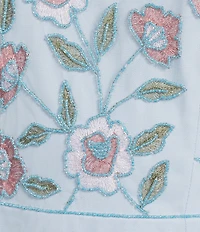 Adrianna Papell Ruffle Floral Beaded Mesh Crew Neck Sleeveless Midi Dress