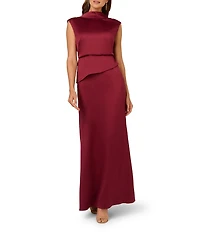 Adrianna Papell Satin Crepe Boat Neck Sleeveless Popover Gown