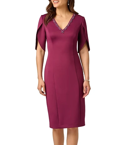 Adrianna Papell Scuba Beaded Short Sleeve V-Neck Sheath Dress
