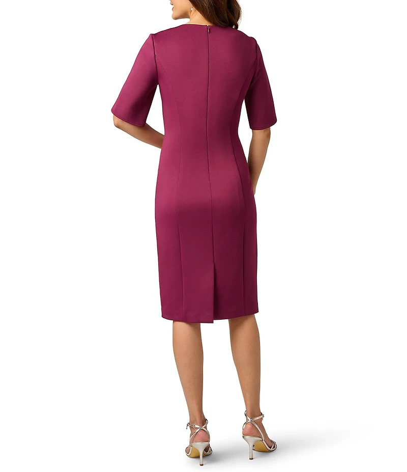 Adrianna Papell Scuba Beaded Short Sleeve V-Neck Sheath Dress