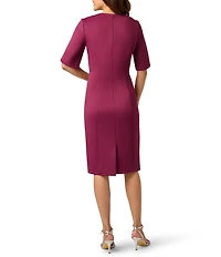 Adrianna Papell Scuba Beaded Short Sleeve V-Neck Sheath Dress