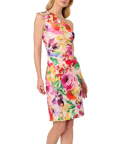 Adrianna Papell Scuba Floral Print One-Shoulder Neck Sleeveless Sheath Midi Dress