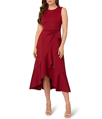 Adrianna Papell Scuba Flounce Skirt Sleeveless Faux Wrap Midi Dress
