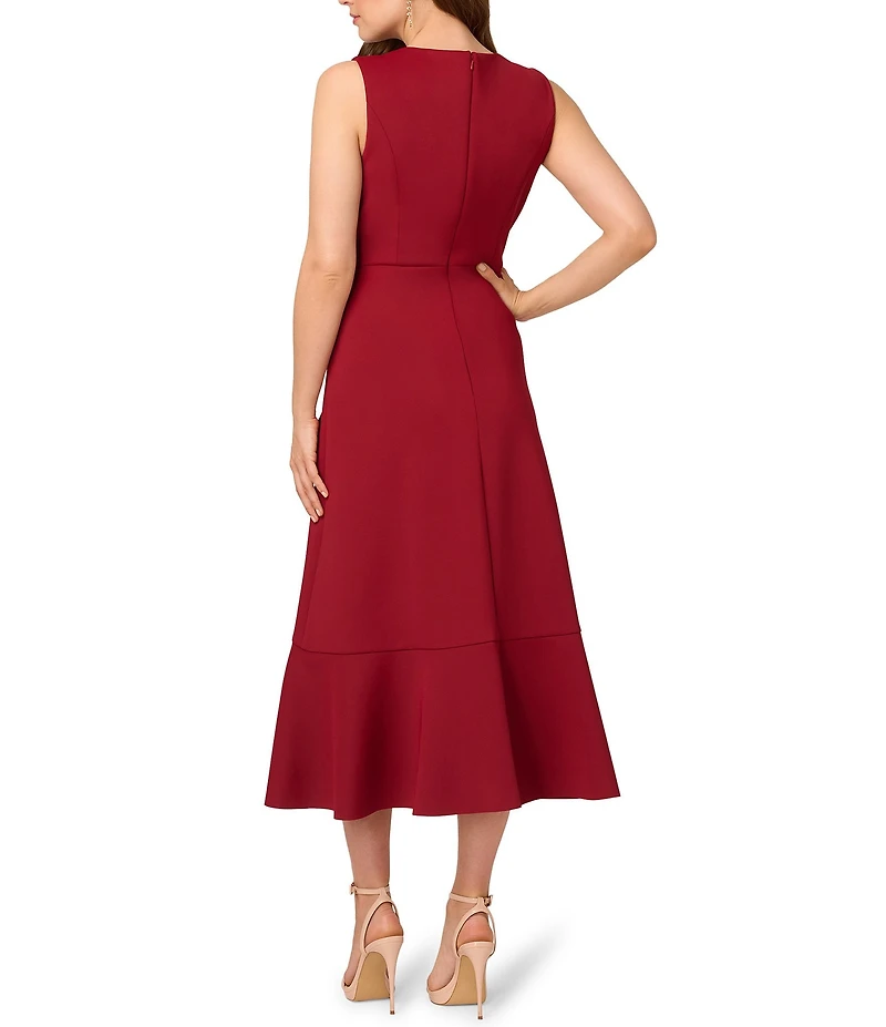 Adrianna Papell Scuba Flounce Skirt Sleeveless Faux Wrap Midi Dress