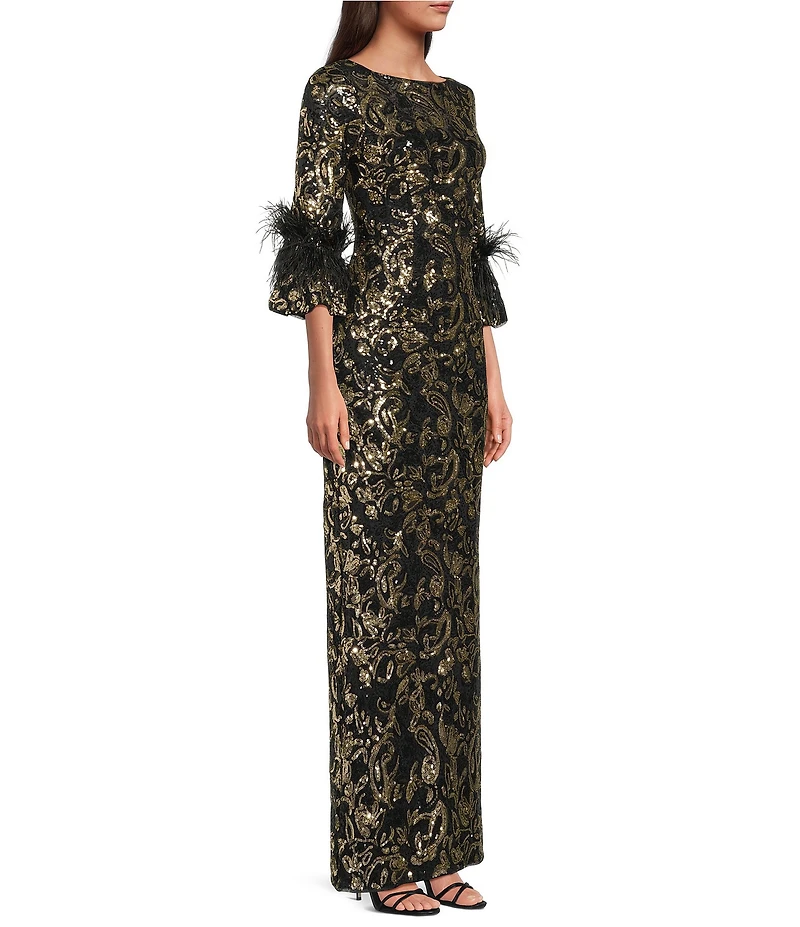 Adrianna Papell Sequin Boat Neck 3/4 Feather Bell Sleeve Embroidered Slim Column Gown