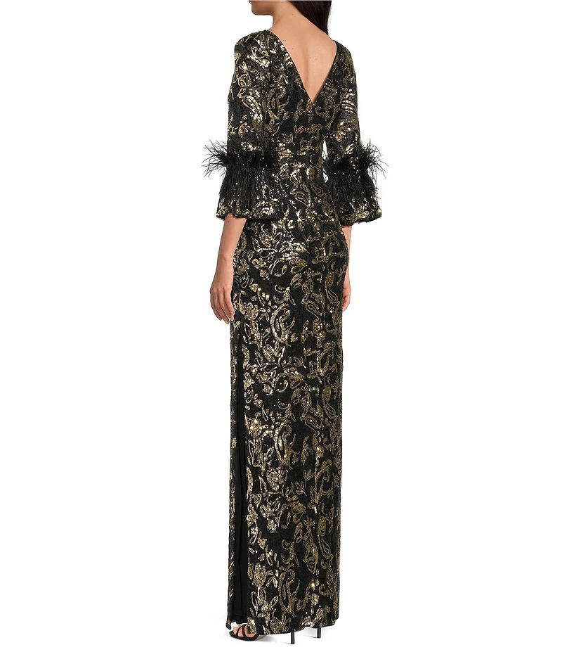 Adrianna Papell Sequin Boat Neck 3/4 Feather Bell Sleeve Embroidered Slim Column Gown