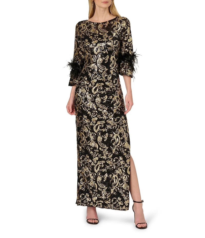 Adrianna Papell Sequin Boat Neck 3/4 Feather Bell Sleeve Embroidered Slim Column Gown