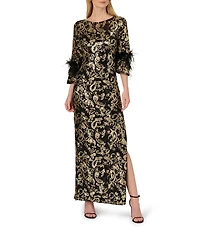 Adrianna Papell Sequin Boat Neck 3/4 Feather Bell Sleeve Embroidered Slim Column Gown