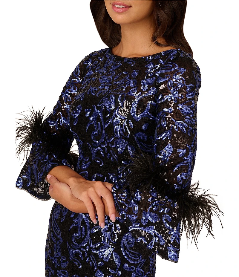 Adrianna Papell Sequin Boat Neck 3/4 Feather Bell Sleeve Embroidered Slim Column Gown