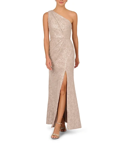 Adrianna Papell Sequin Jacquard One Shoulder Neck Sleeveless Gown