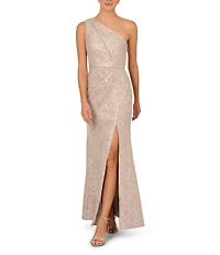 Adrianna Papell Sequin Jacquard One Shoulder Neck Sleeveless Gown