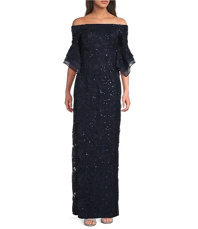Adrianna Papell Sequin Lace Off-The-Shoulder Neck 3/4 Flutter Sleeve Column Gown