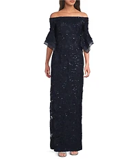 Adrianna Papell Sequin Lace Off-The-Shoulder Neck 3/4 Flutter Sleeve Column Gown