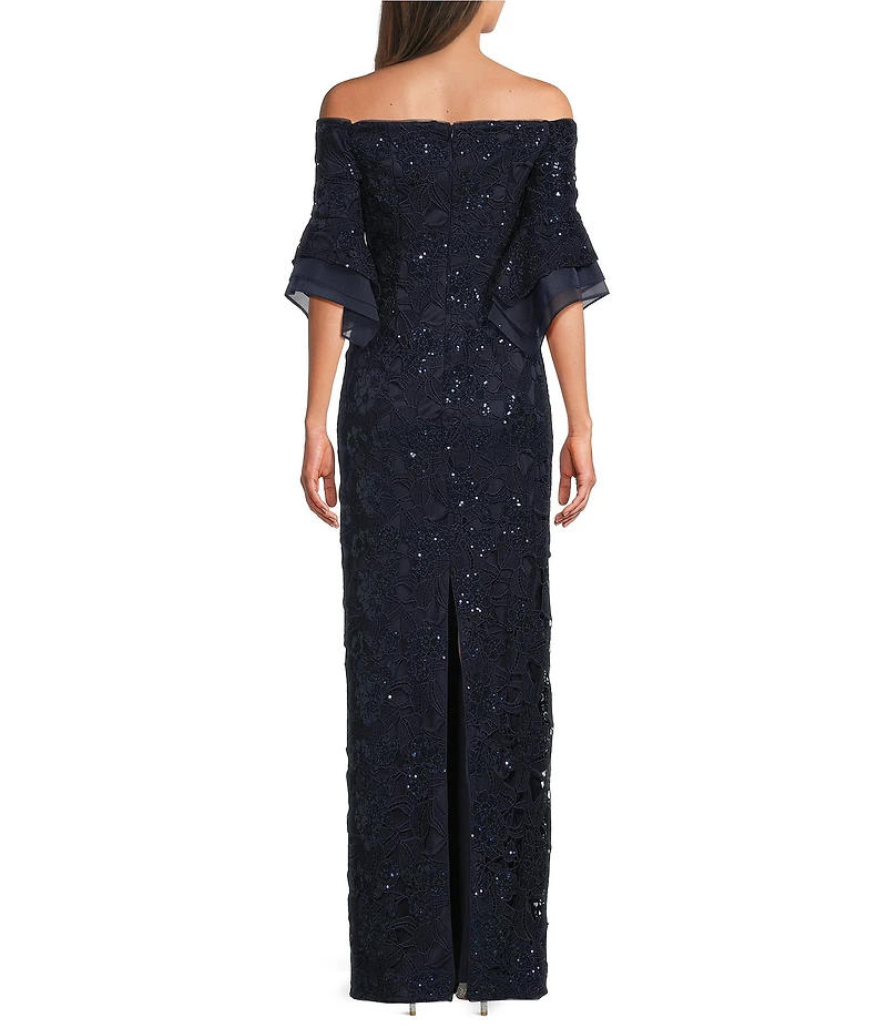 Adrianna Papell Sequin Lace Off-The-Shoulder Neck 3/4 Flutter Sleeve Column Gown