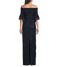 Adrianna Papell Sequin Lace Off-The-Shoulder Neck 3/4 Flutter Sleeve Column Gown