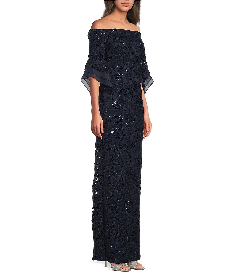 Adrianna Papell Sequin Lace Off-The-Shoulder Neck 3/4 Flutter Sleeve Column Gown