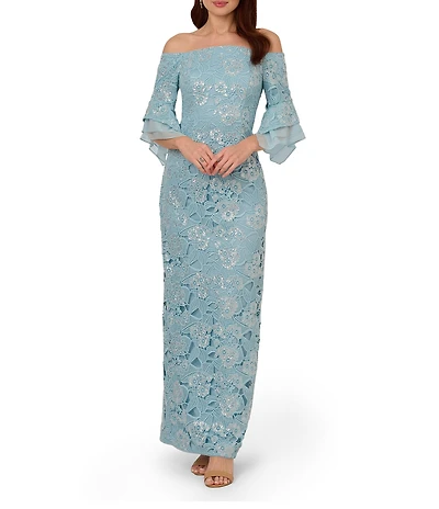 Adrianna Papell Sequin Lace Off-The-Shoulder Neck 3/4 Flutter Sleeve Column Gown