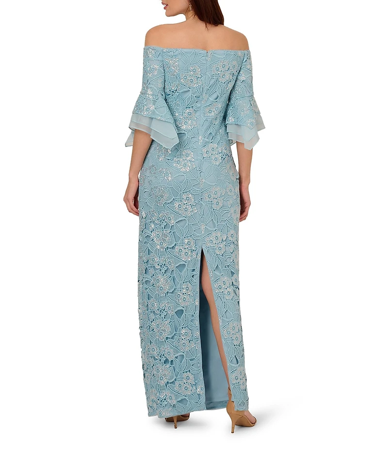 Adrianna Papell Sequin Lace Off-The-Shoulder Neck 3/4 Flutter Sleeve Column Gown
