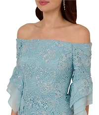 Adrianna Papell Sequin Lace Off-The-Shoulder Neck 3/4 Flutter Sleeve Column Gown