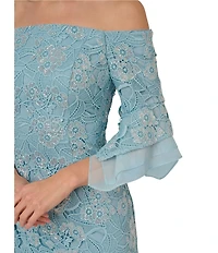 Adrianna Papell Sequin Lace Off-The-Shoulder Neck 3/4 Flutter Sleeve Column Gown