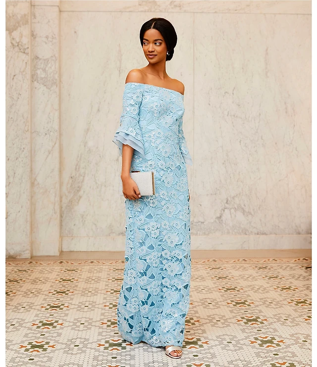 adrianna papell off the shoulder lace dress Off Shoulder Bell Sleeve Sequin Lace Gown In Airy Aqua