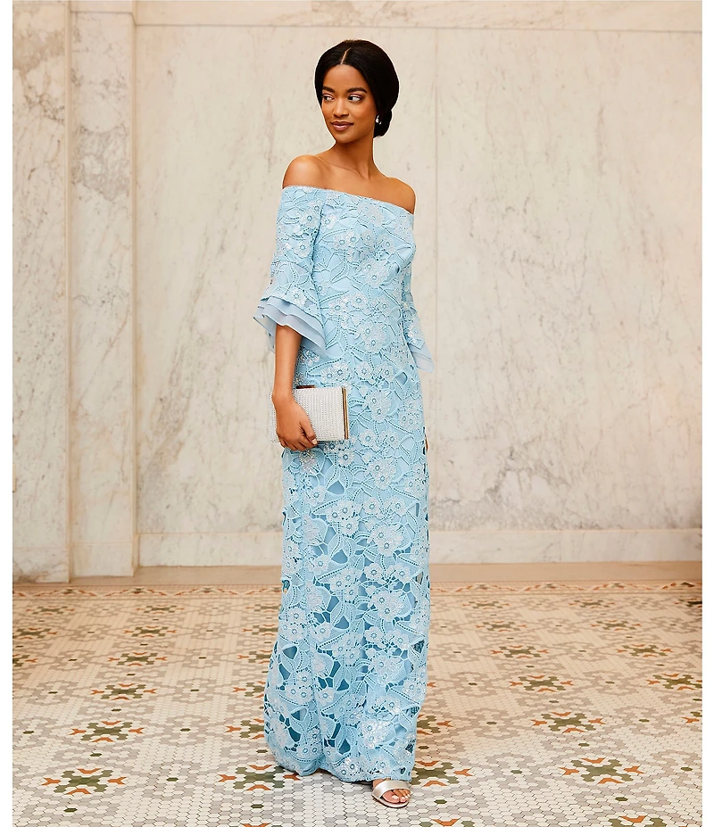 Adrianna Papell Sequin Lace Off-The-Shoulder Neck 3/4 Flutter Sleeve Column Gown