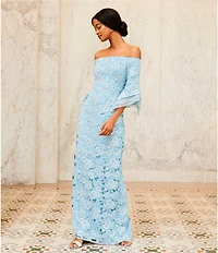 Adrianna Papell Sequin Lace Off-The-Shoulder Neck 3/4 Flutter Sleeve Column Gown