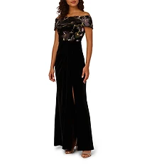 Adrianna Papell Sequin Velvet Off Shoulder Cap Sleeve Gown