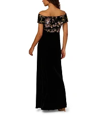 Adrianna Papell Sequin Velvet Off Shoulder Cap Sleeve Gown