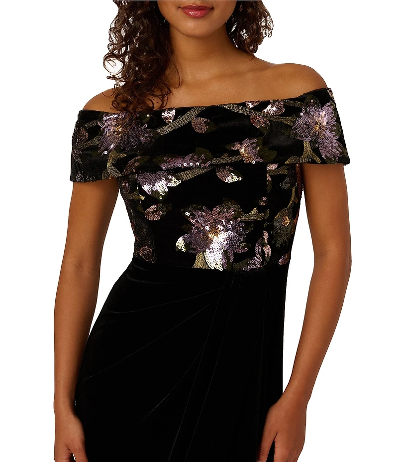 Adrianna Papell Sequin Velvet Off Shoulder Cap Sleeve Gown