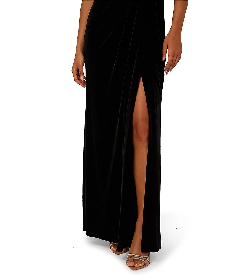 Adrianna Papell Sequin Velvet Off Shoulder Cap Sleeve Gown