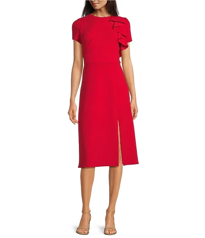 Adrianna Papell Short Sleeve Crepe Fit and Flare Midi Dress
