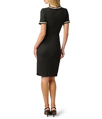 Adrianna Papell Short Sleeve Crew Neck Beaded Detail Crepe Sheath Dress
