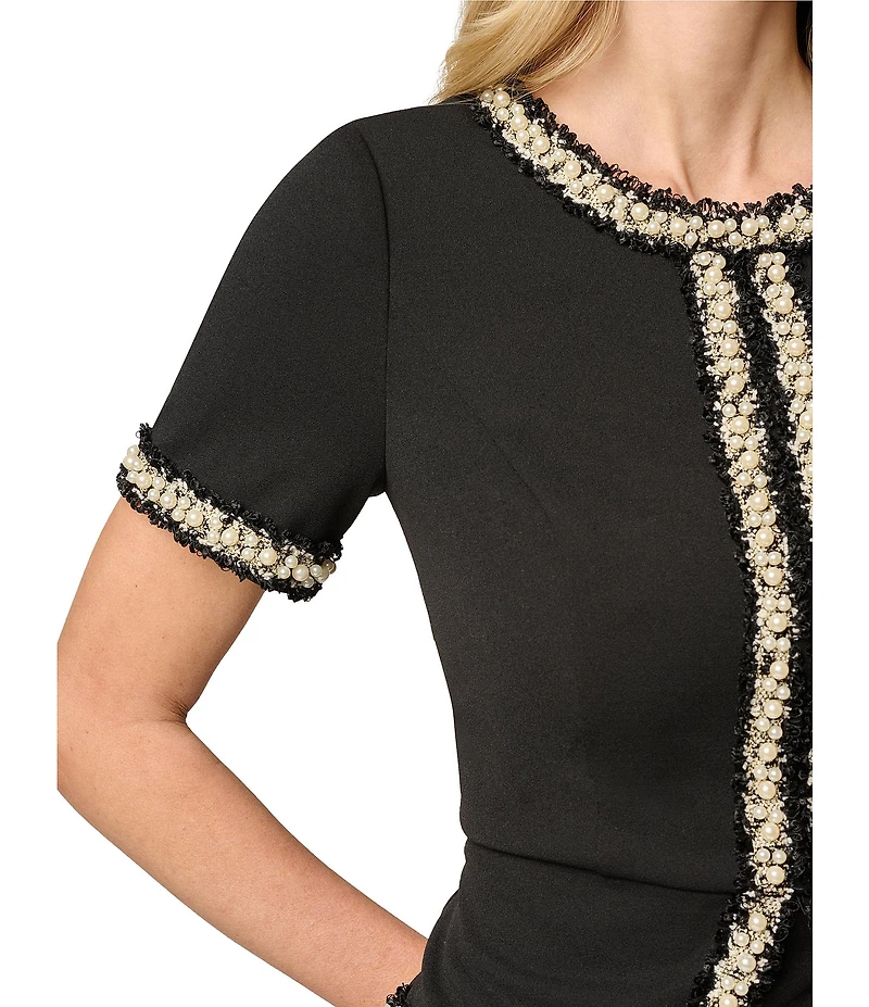 Adrianna Papell Short Sleeve Crew Neck Beaded Detail Crepe Sheath Dress