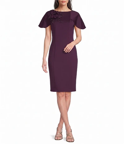 Adrianna Papell Short Sleeve Crew Neck Floral Applique Scuba Dress