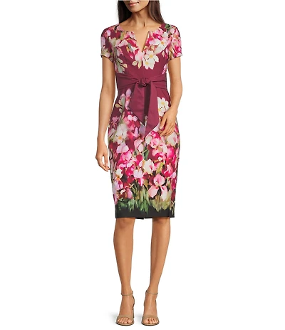 Adrianna Papell Short Sleeve Floral Print Tie Front Sheath Midi Dress
